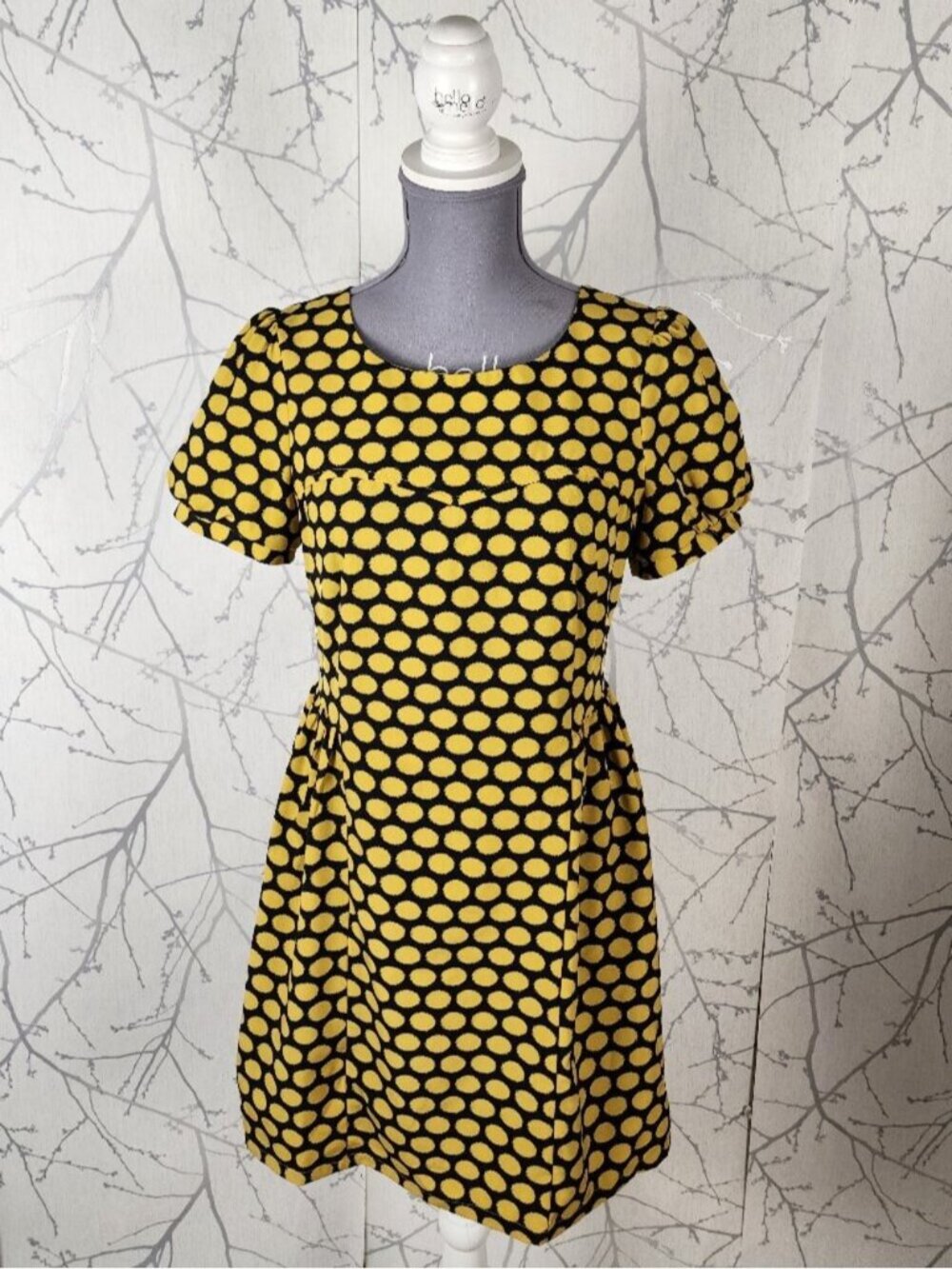 Max C London Yellow Polkadot Puff Sleeve Mini Dress